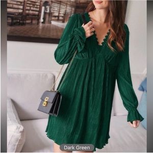 Dark Green Flounce Sleeve Lace Trim Dress